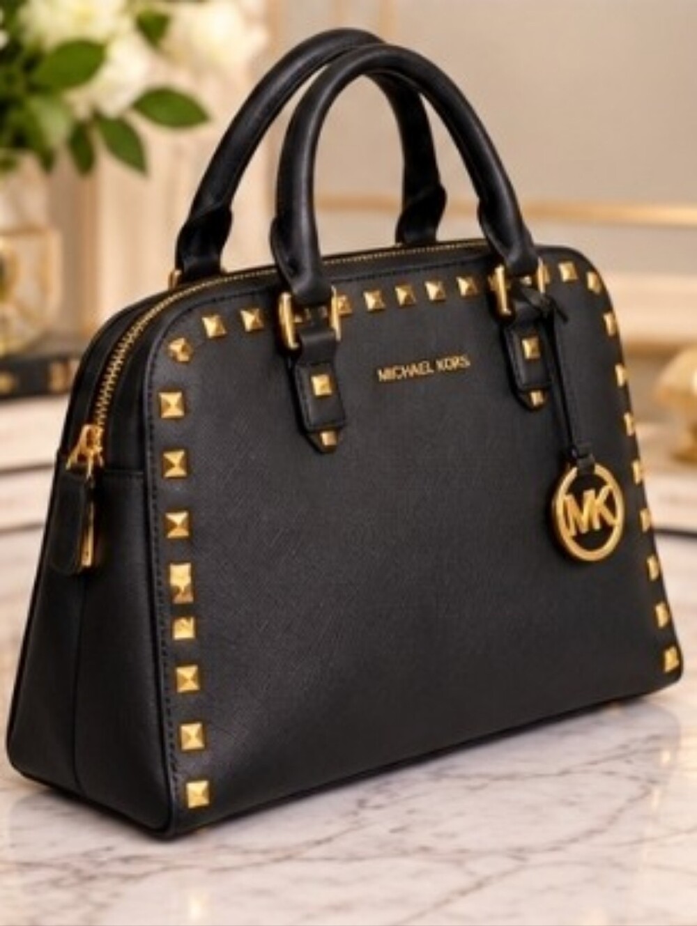 Michael Kors Black Saffiano Leather Studded Large Satchel Bag Gold Hardware